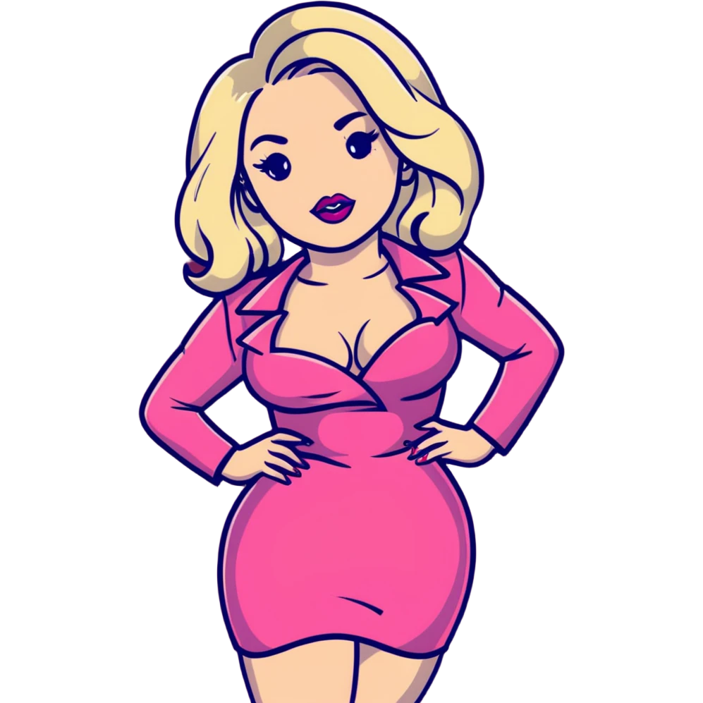 gorgeous woman with platinum wavy blonde hair with big puffy pouting burgundy lips, makeup, wearing a pink leather dress with cleavage, swaying her hips emoji