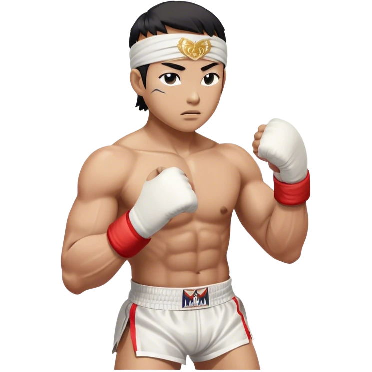 ​Cinematic Realistic Traditional Muay Thai Fighter, depicted in authentic attire featuring white bandaged gloves wrapped around his fists, a traditional headband tied neatly, and classic Muay Thai shorts, captured in a dynamic fighting stance under dramatic, high-energy lighting that highlights the raw power and elegance of the art, emoji