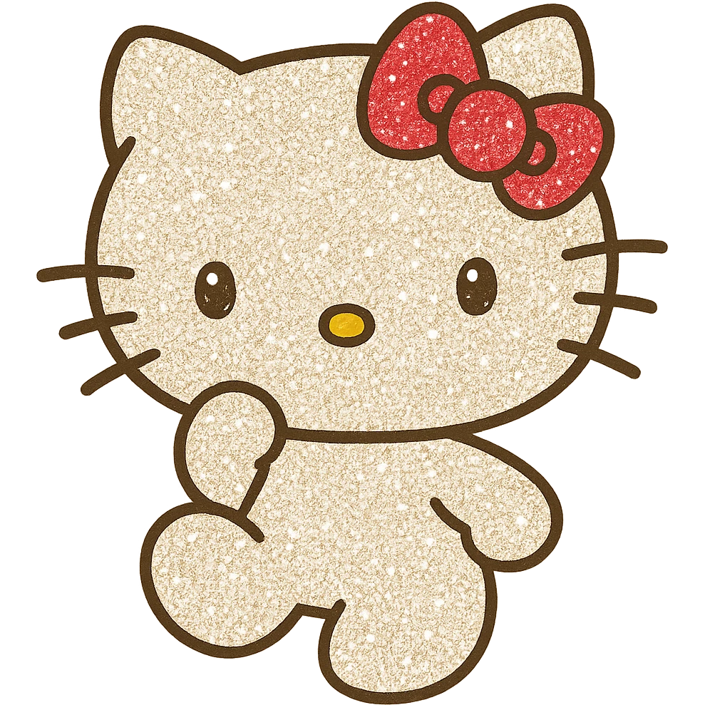 Hello Kitty character, covered in sparkling glitter, cute and shiny, white cat with a red bow, in a playful pose emoji
