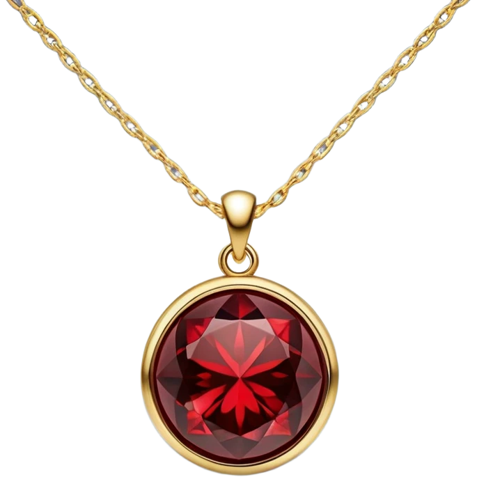 A polished round ball red garnet pendant suspended from a delicate gold chain, like a drop of enchanted starlight, glowing with the warmth of passion and the quiet power of transformation emoji