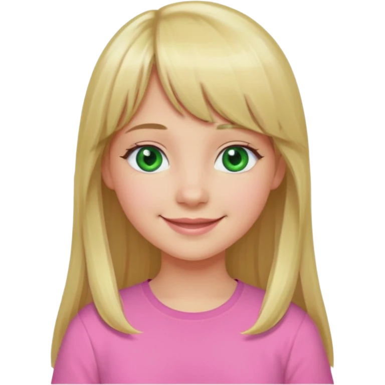 Menina branca de cabelo loiro longo de franja na testa sorrindo blusa rosa olho verde emoji