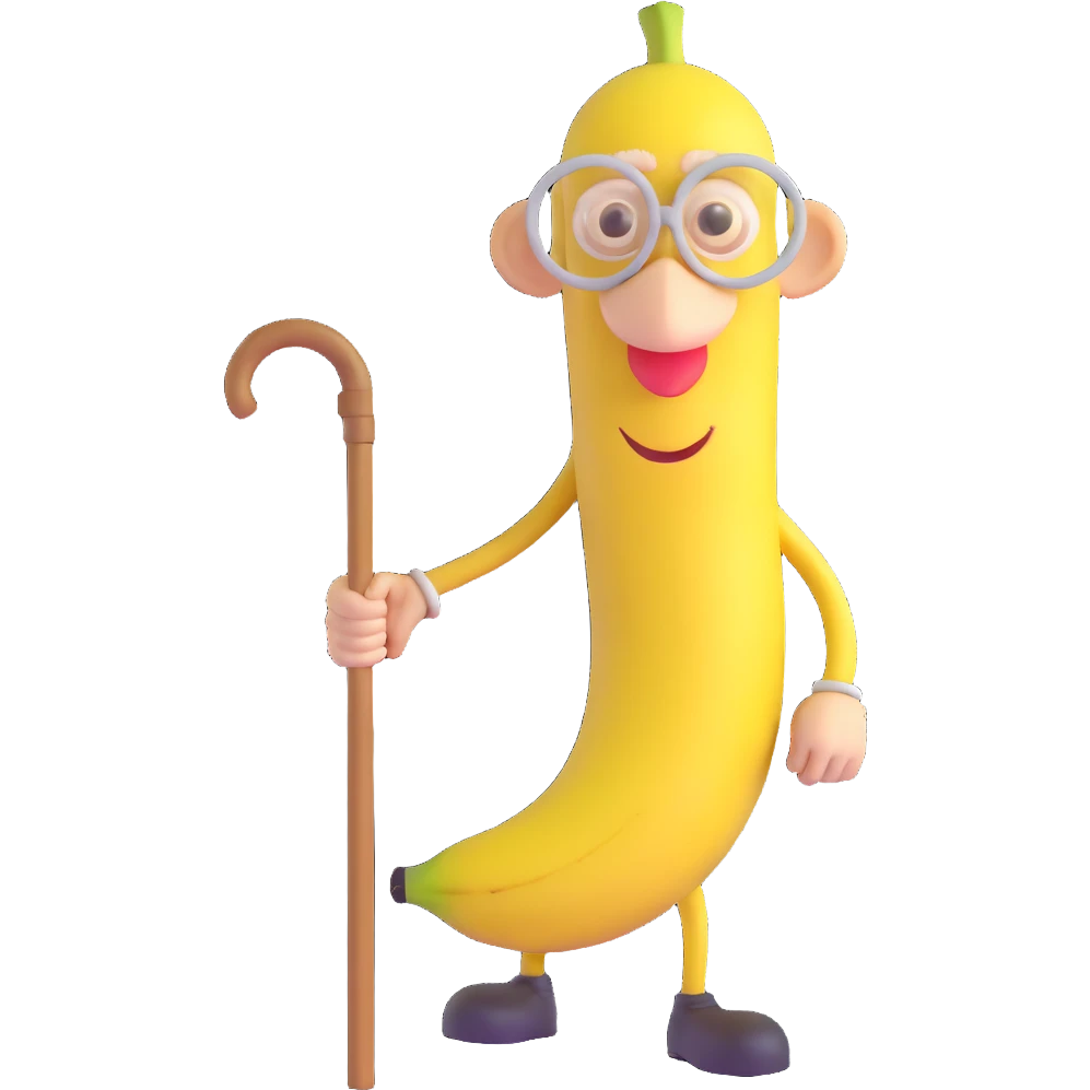 elderly banana walking with a cane, balding top, wise eyes, friendly demeanor, plain background emoji