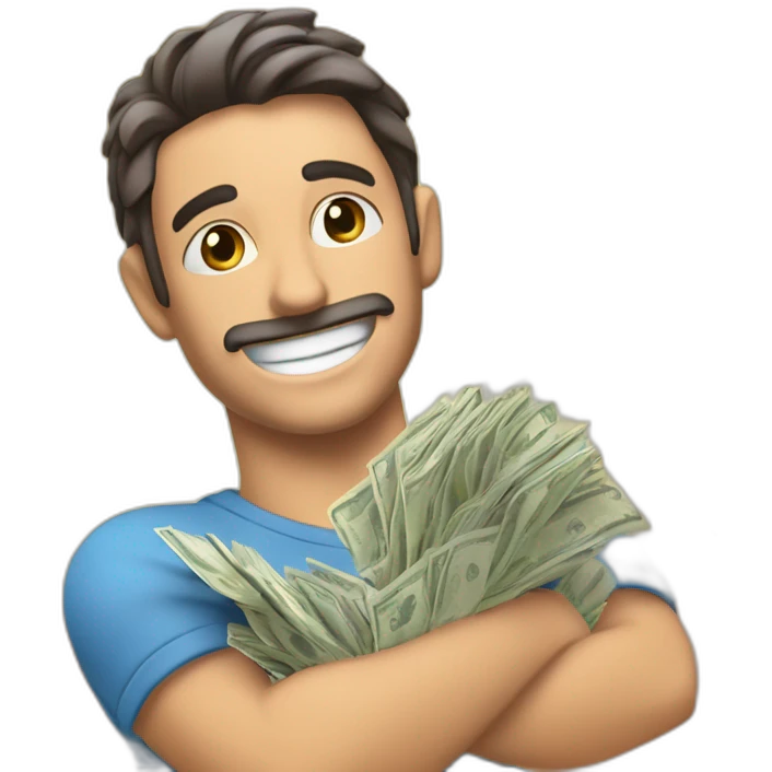 chico festejando estirando los brazos hacia arriba feliz, con billetes volando emoji