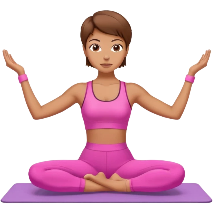 Chica morena femenina haciendo pilates vestida de rosa y cabello corto  emoji