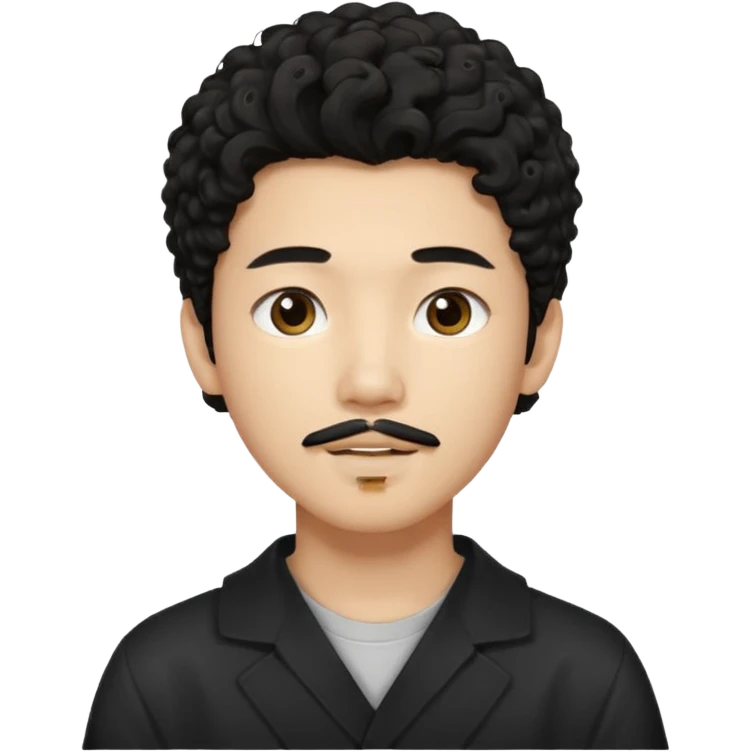un ragazzo coreano di 18 anni  con il pizzetto capelli ricci e lunghi sciolti  neri  emoji