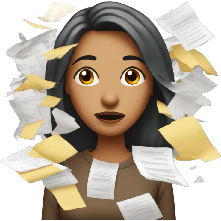 Stressed woman, papers falling emoji