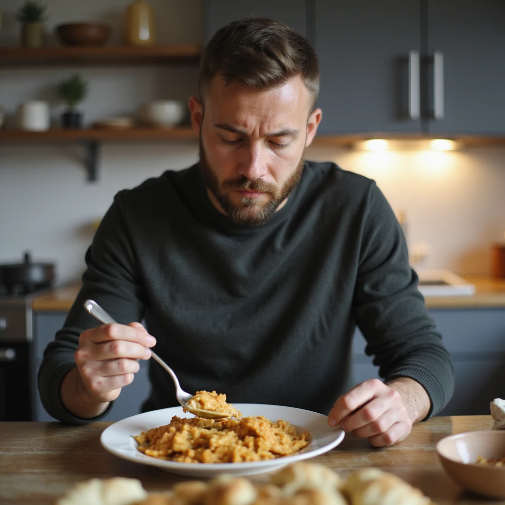 realistic 28-year-old man cooking or eating gluten-free food, expression of acceptance but still doubtful, domestic environment emoji