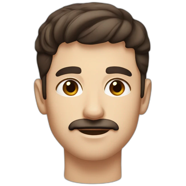 A young Caucasian man with dark brown eyes, almond-shaped eyes, short dark brown hair, and a small dark brown beard with a more prominent mustache. emoji