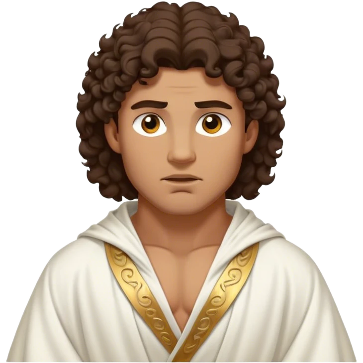 Cinematic Realistic Hercules Portrait, depicted as a classical Greek hero inspired by the Disney version yet echoing the refined proportions and serene dignity of Michelangelo's David. His idealized, tan skin glows with timeless strength, and his thick, curly wavy dark brownhair falls in natural, sculpted curls. Draped in a flowing white robe with delicate golden accents, his expressive eyes radiate determined nobility, all rendered under dynamic natural lighting with a mythic, radiant glow. emoji