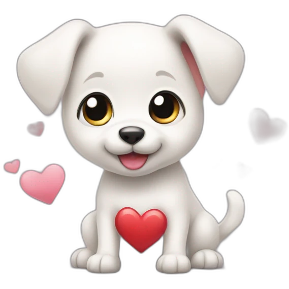 White puppy wagging tail holding heart emoji
