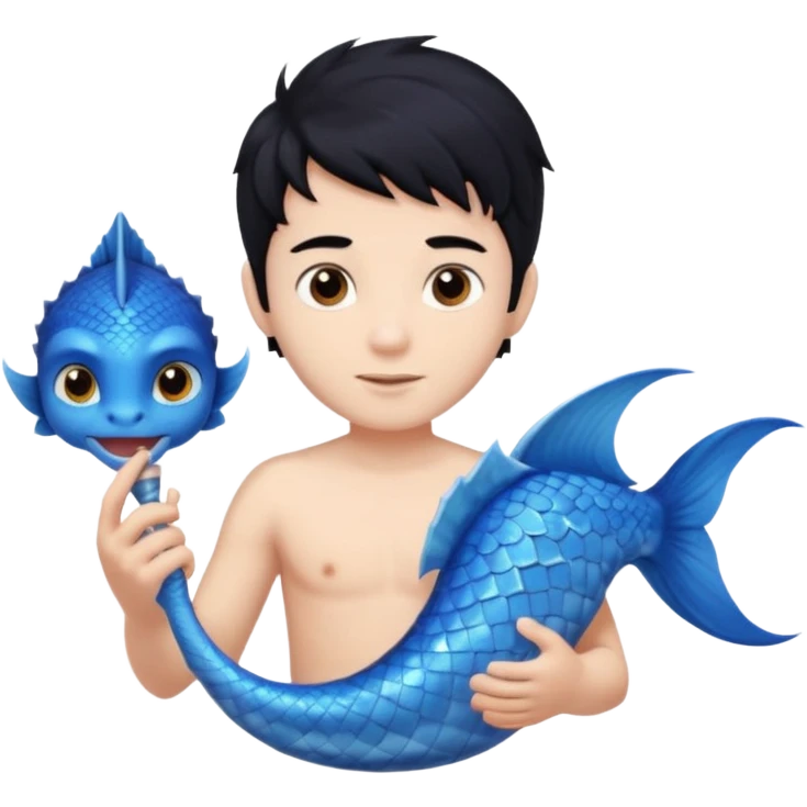 boy, black hair, brown eyes, white skin, Triton, with Triton in hand, blue Triton tail and blue triton ears emoji