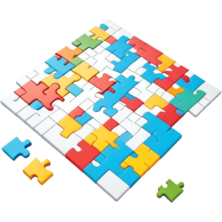 A photorealistic icon with a colorful, fragmented puzzle piece, a crossword magazine, a 3D puzzle, and a partially completed puzzle on a table. Bright, detailed design with realistic lighting. Transparent background, clearly symbolizing puzzles and brain games. emoji