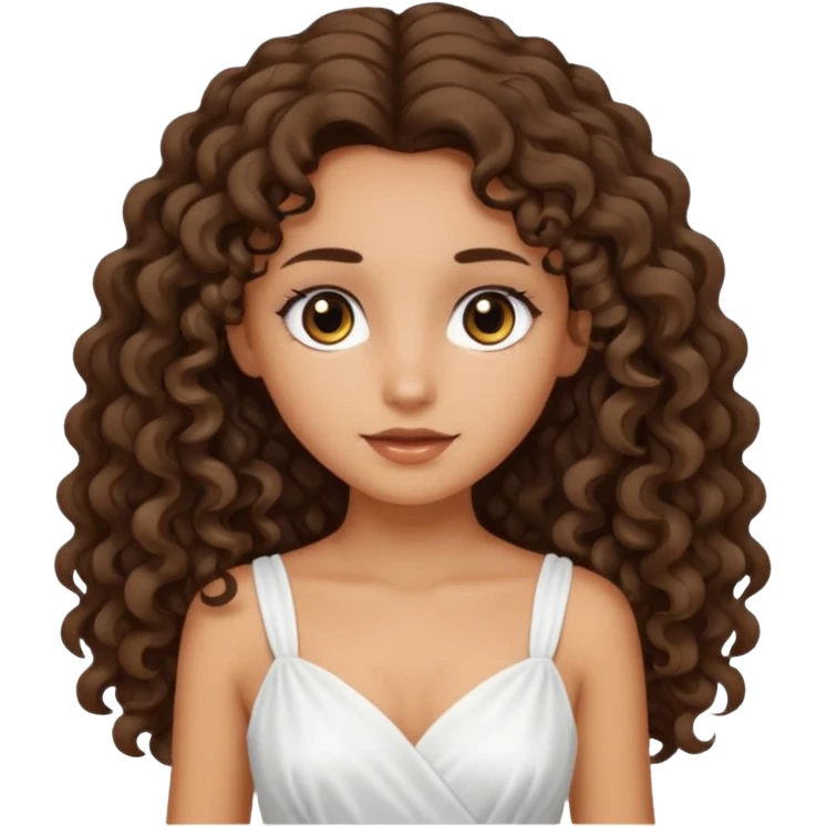 Light tanned skin girl with dark brown very long curly hair, dark eyes, white dress emoji