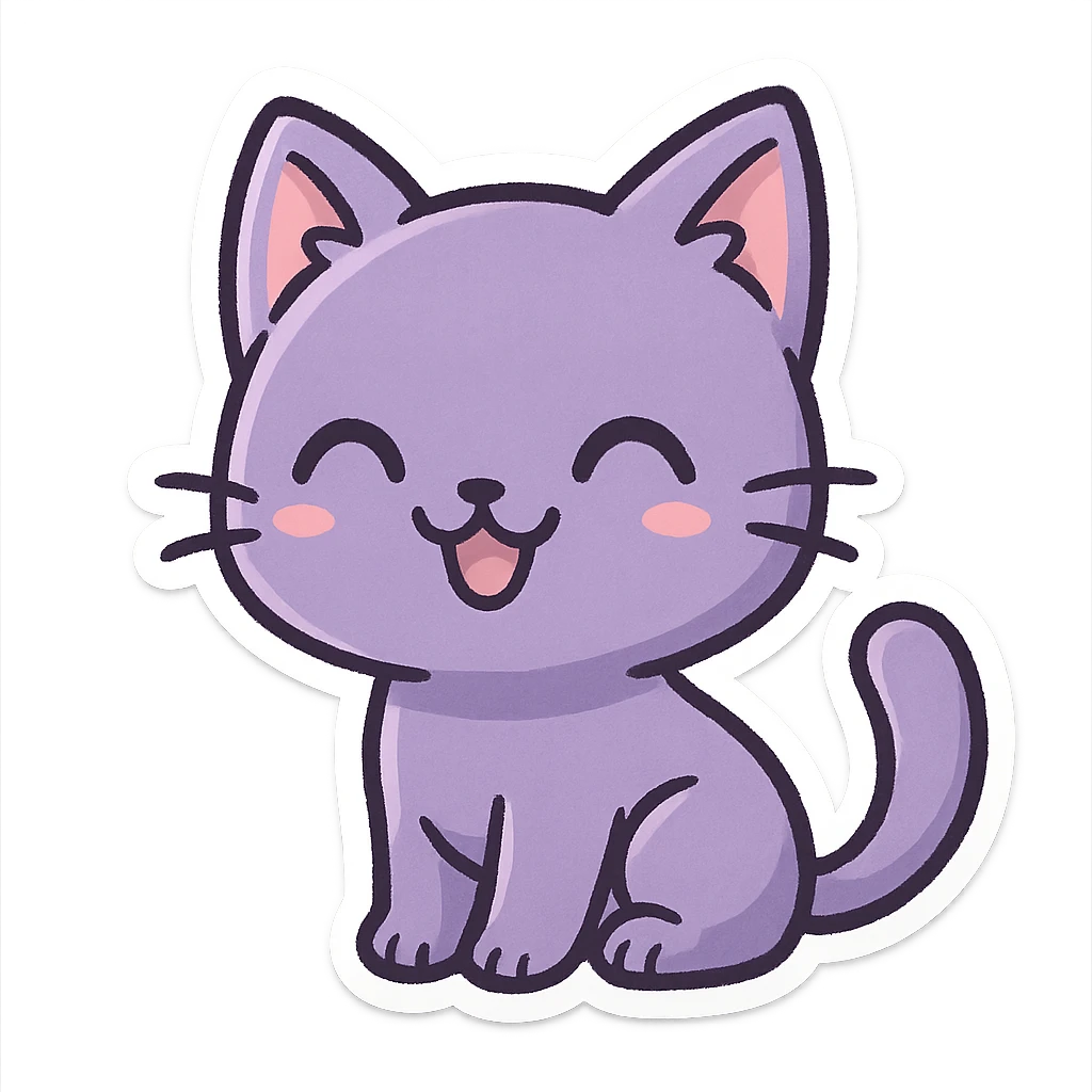 smiling purple cat, cute and playful, chibi style sticker emoji