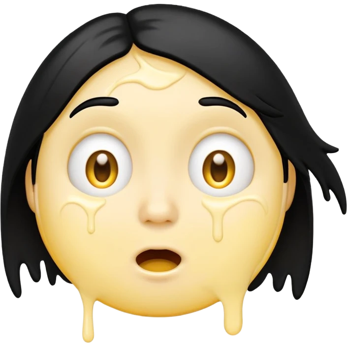 simple emoji, surprised face, classic yellow circular genderless emoji, 😮, long black hair, BREAK. goopy white liquid dripping from cheeks, goopy white cream on lips, goopy white cream in mouth emoji