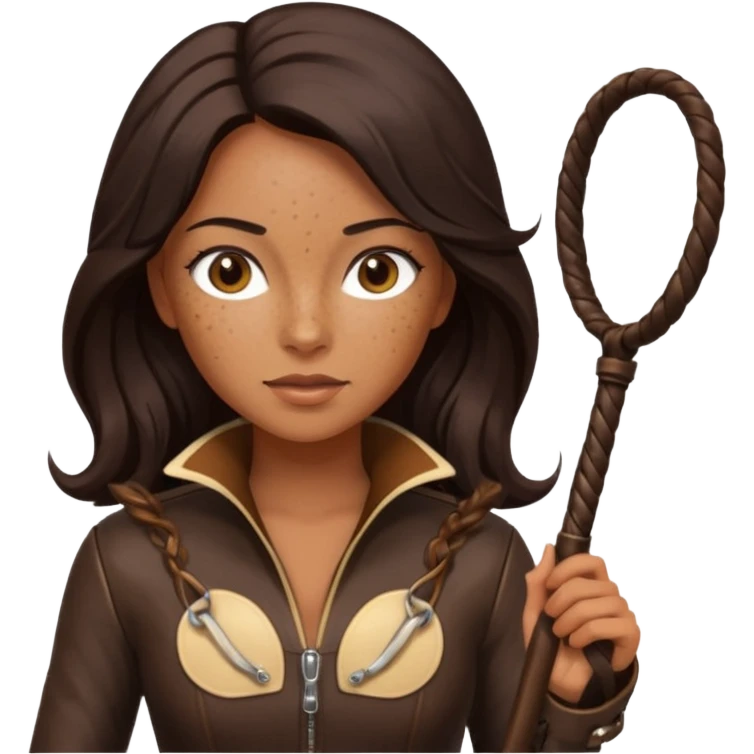 Tan skin with freckles, long dark hair, hazel eyes Dominatrix with whip emoji