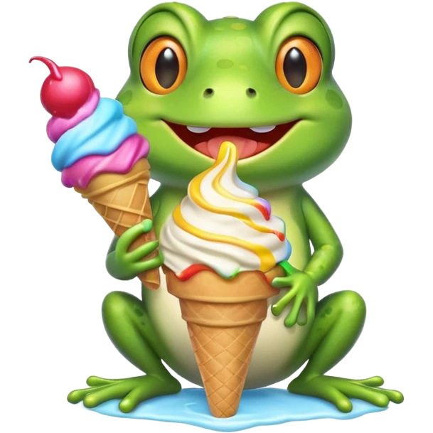 cute frog eating ice cream, happy face, holding a colorful ice cream cone, 3D cartoon, mobile game icon style, bright colors, soft shadows, clean background, no text, no watermark
 emoji