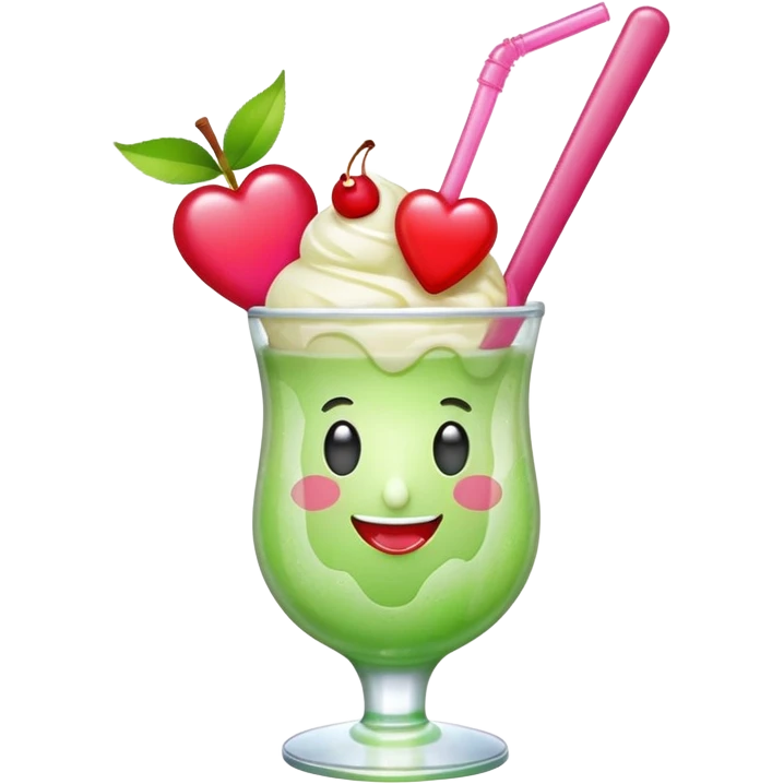 Create an emoji with a clear rounded glass, bright transparent green soda, vanilla ice cream scoop, two red cherries, pink heart-shaped straw, simple shapes, bright colors.
 emoji