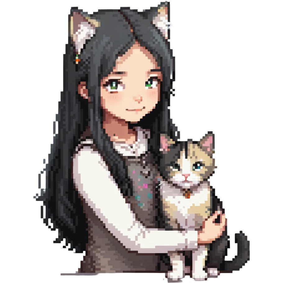 Beautiful girl with long black hair petting a gray and blonde mixed cat emoji