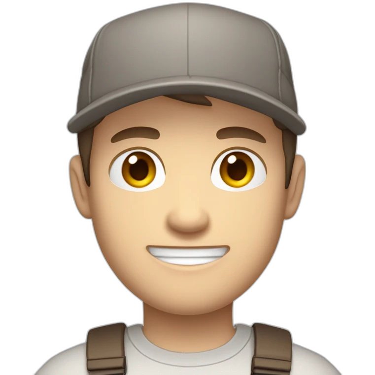 Pale skinned fit Man with dark brown hair in a light gray cap, dark brown jeans, brown polo and white T-shirt keeping a pasted with tape white box into his hands emoji