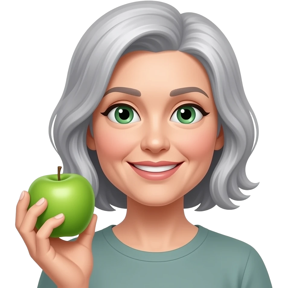 Lady around 45  with Green eyes beautiful grey hair and with Green apple emoji