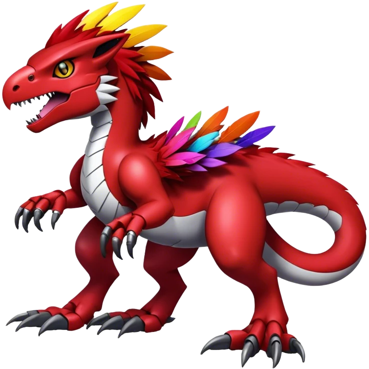 Dark-red Furry feather-mane Cool Edgy Futuristic shiny colorful Digimon-Fakemon-Guilmon-Velociraptor-Mecha full body   emoji