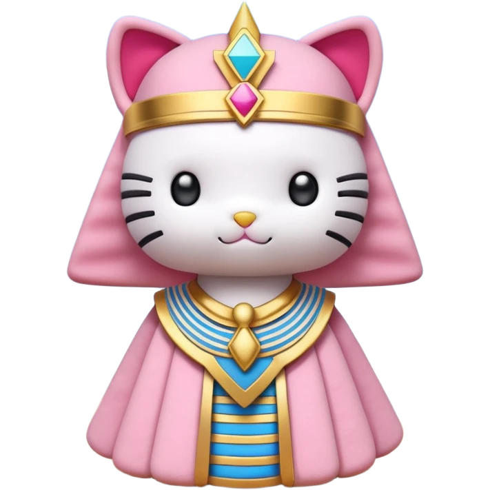 a Hello Kitty–style plush dressed as an Egyptian pharaoh, held by a hand, with a pyramid in the desert background, clear blue sky, natural light, shallow depth of field. emoji