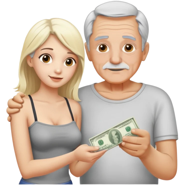 Kind elderly grandfather with gray hair giving money to a, pretty, tube top, blonde young woman who needs financial help,  emoji
