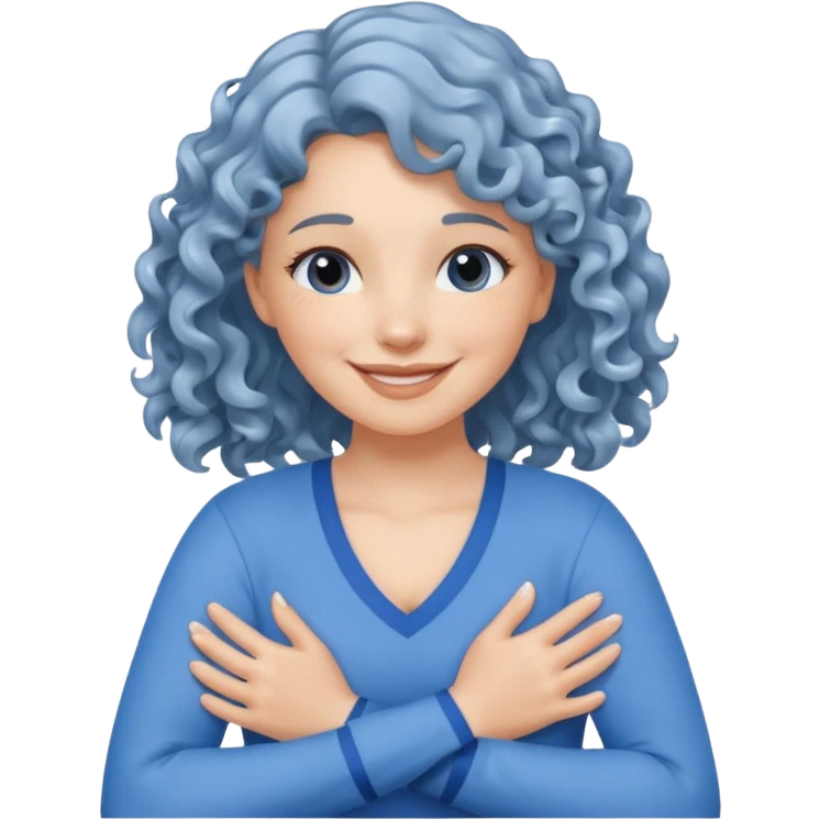 silver, wavy/curly hair chin-length lady giving hug with 2 arms, blue v-neck and smiling emoji