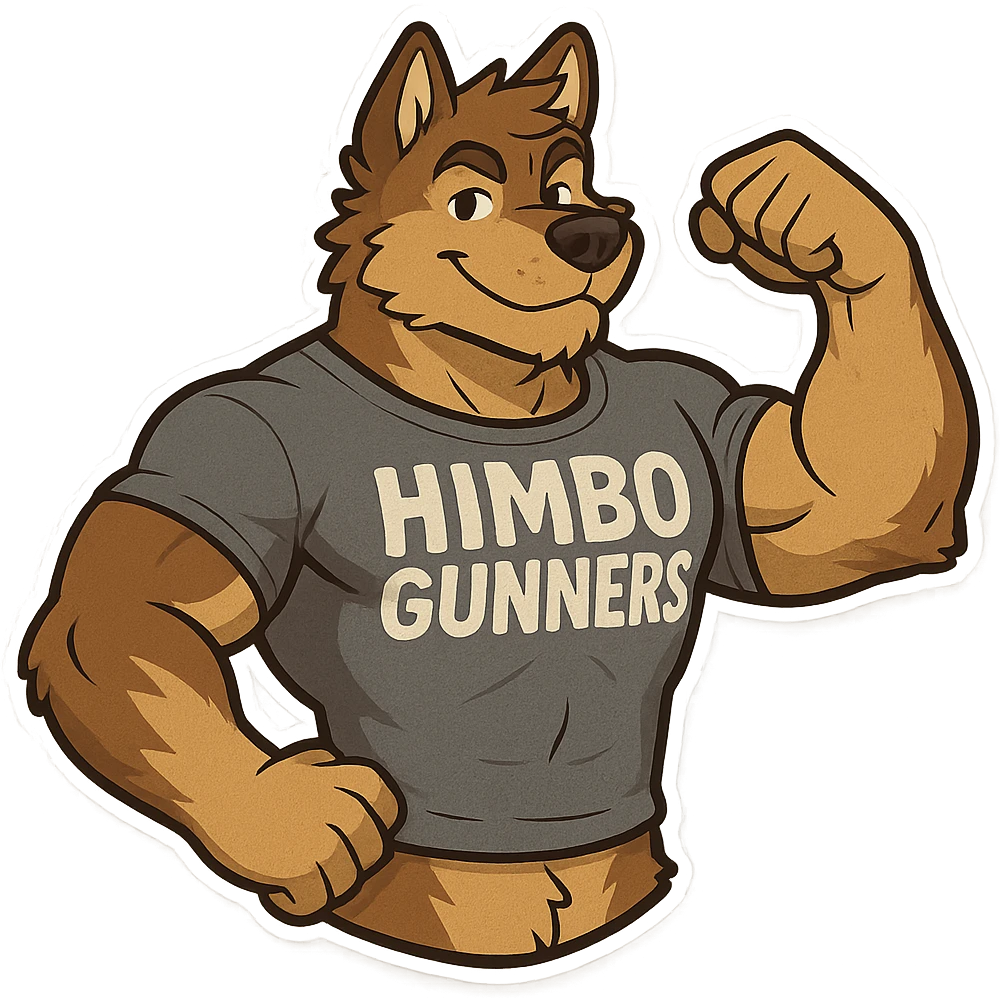 muscular furry character wearing a t-shirt that says 'Himbo Gunners', sticker style emoji