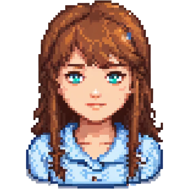 Change hair color to brown, keep the same pixel art style and side-swept bangs, with no background. emoji
