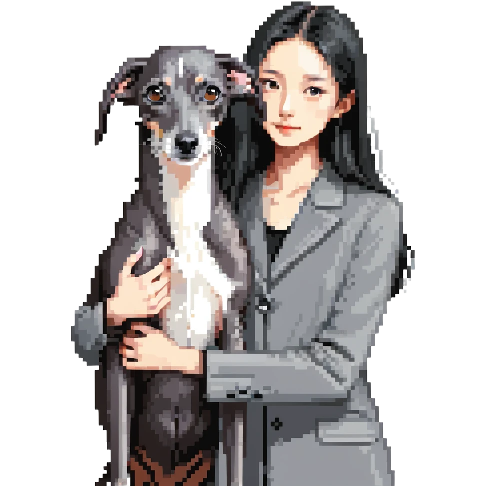 Slim Chinese girl with long black hair petting a dark grey Italian greyhound with a visible grey chest, no white markings anywhere emoji