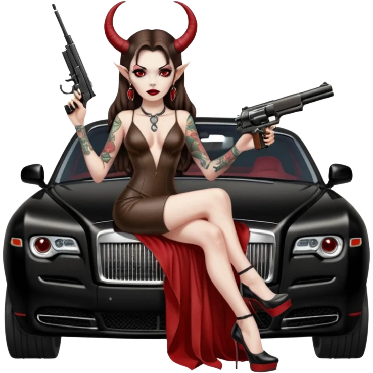 Lilith model red eye sexy black  devil horns.  long brown haired sexy succubus woman with leather long dress slit, sitting on rolls Royce. Wearing Black Platform high heels on feet. Tattoo sleeve arms, dead human skull of her ex skull is on top of stack of cash and a gun in  hand emoji