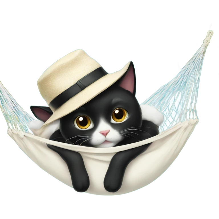 Black and white cat with hat on a hammock emoji