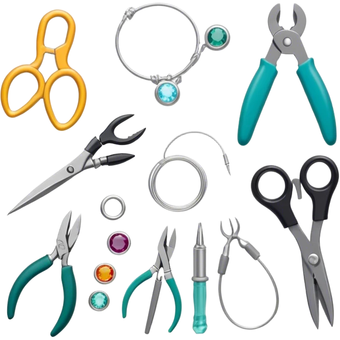 Jewelry art icon, various jewelry pieces like rings, necklaces, and bracelets in progress, visible tools such as pliers, gemstone, wire, and soldering equipment, minimalistic style, clean lines, transparent background. emoji