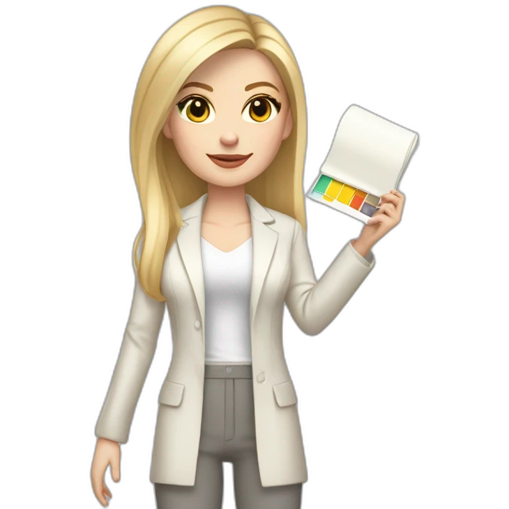 Full height pale skin woman with blonde Straightened Hair to shoulders, White classical jacket, Gray Palazzo pants holding a color palette in the hands emoji