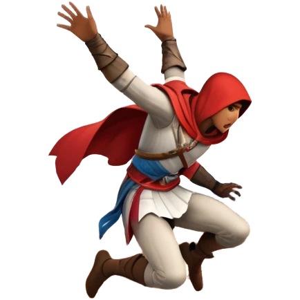 An icon featuring a hero performing a leap of faith from a tower in Florence, inspired by adventure games like Assassin's Creed. The design captures the dramatic moment mid-air, with detailed architecture and a bustling city below. Transparent background emoji