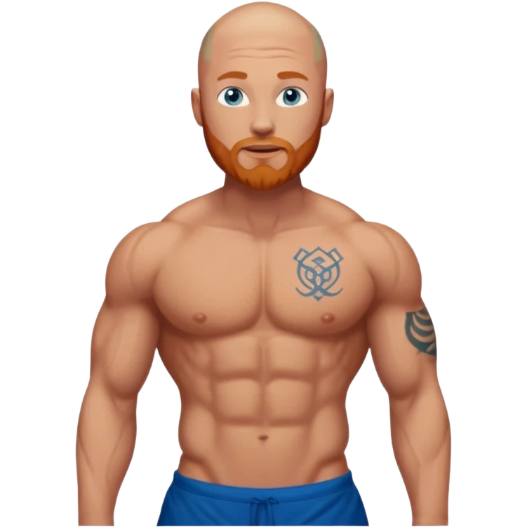 bald guy with a ginger beard, blue eyes and muscles with "GODBODY"  tattoo across abs stomach only, no arm tattoos  emoji