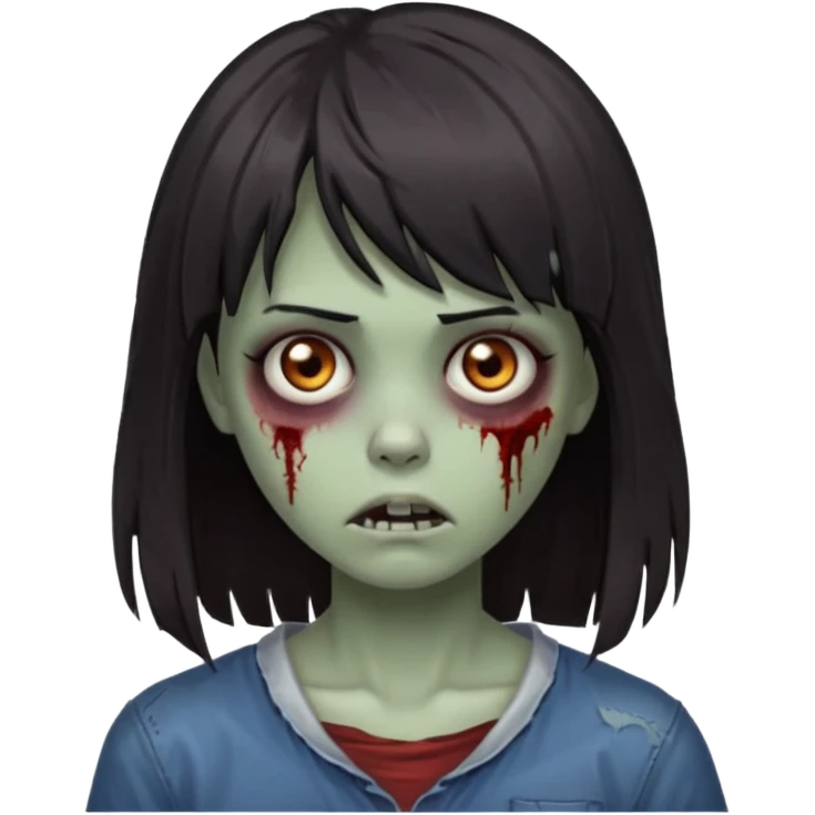 iPhone emoji is a zombie girl with dark hair long below her shoulders bangs and a ragged haircut gray eyes emoji