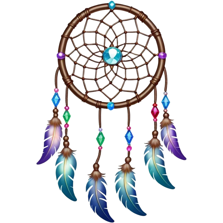 Iridescent shiny transparent crescent Dreamcatcher-suncatcher hanging from a thread, with gemstones, and beads emoji