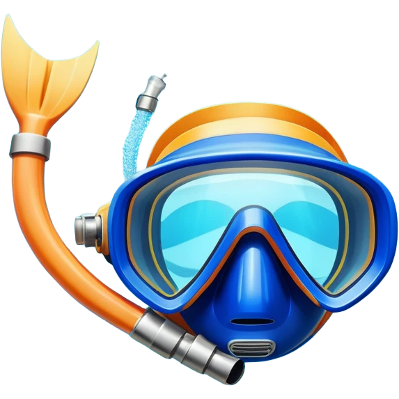 An icon featuring a close-up of a diving mask, snorkel, and fins floating on the surface of vibrant blue water. In the background, coral reefs and tropical fish create a lively underwater scene. Transparent background highlights the beauty and adventure of the diving experience. emoji