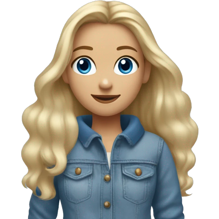 Blonde girl withe blue eyes, and long air, she smile and she wear pullover and blue low jean and Ugg  emoji
