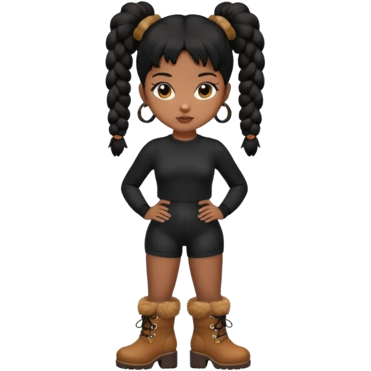 A brown skin girl thats slim and thick body with black hair into two puffy pigtails  and wears all black outfit with brown furry boots  emoji