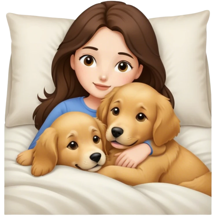 Golden retriever and brunette girl cuddling in a bed  emoji