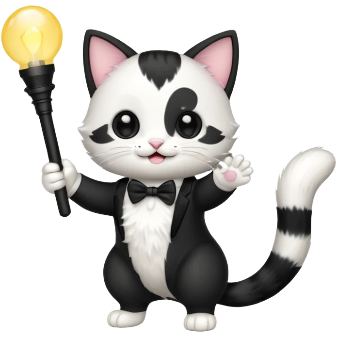 chibi cute tuxedo cat waving holding a light stick emoji