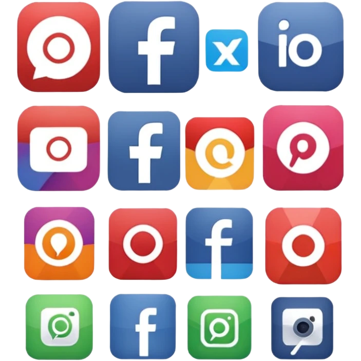 Socail media sauare emoji style icons 
Creat the quadrant with the logos of F.B, X, Trustpilot, Instagram, Youtube, Linkedineach icon is ther only ones, asme size, only icons of the social media that I mentioned only 6 icons and only of the companies that I mentioned emoji
