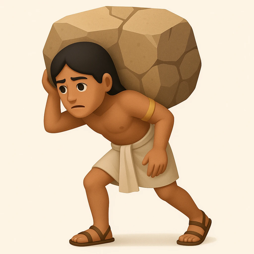Create a fullbody ancient Egyptian worker, no fancy hat, carrying a rock block on their back, leaning forward. The style should resemble emoji style with simple and concise features. emoji