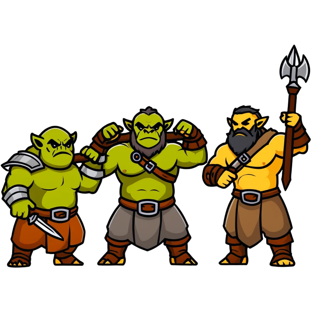 Lineage 2 fantasy characters with Orc warrior, Kamael fighter, Artea dancer, and Dwarven blacksmith emoji