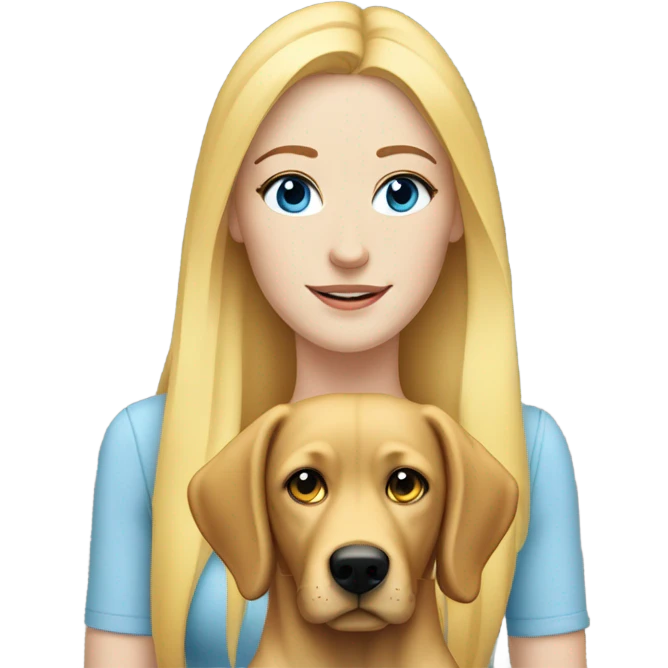 white woman with freckles, blue eyes and long blonde hair alongside a yellow-lab dog emoji
