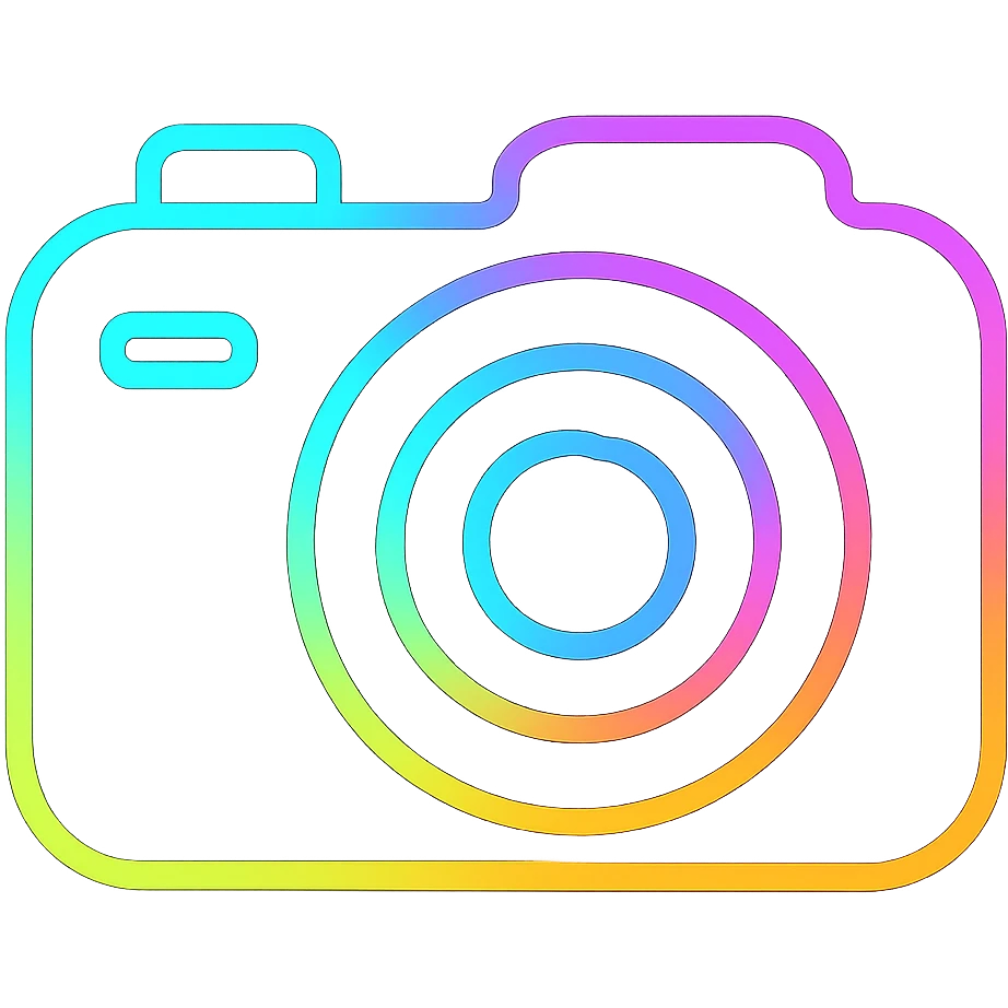 A camera icon with vibrant neon colors and glowing outlines emoji
